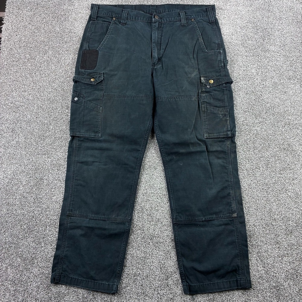 Carhartt Cargo Double Knee Pants Mens 40x32 Black Ripstop Relaxed Fit B342-BLK